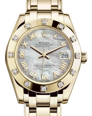 Rolex Pearlmaster 34 Yellow Gold White Mother of Pearl Roman Dial & Diamond Set Bezel Pearlmaster Bracelet 81318 - BRAND NEW