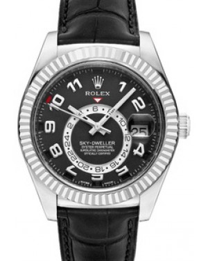 Rolex Sky-Dweller 326139 Men's 42mm Black Arabic 18k White Gold Black Leather 