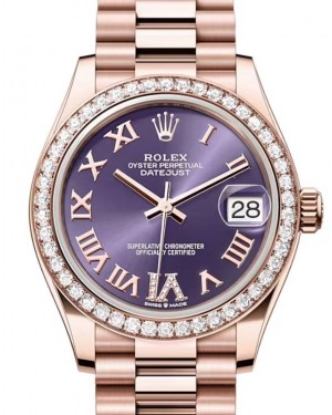 Rolex Datejust 31 Rose Gold Aubergine Dial & Diamond Bezel President Bracelet 278285RBR - BRAND NEW