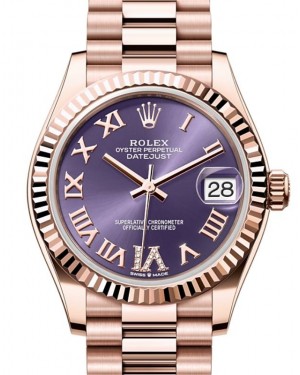Rolex Datejust 31 Rose Gold Aubergine Dial & Fluted Bezel President Bracelet 278275 - BRAND NEW