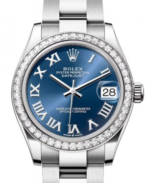 Rolex Datejust 31 White Gold/Steel Bright Blue Roman Dial & Diamond Bezel Oyster Bracelet 278384RBR - BRAND NEW