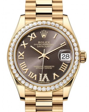Rolex Datejust 31 Yellow Gold Dark Grey Roman Dial & Diamond Bezel President Bracelet 278288RBR - BRAND NEW