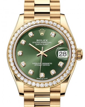 Rolex Datejust 31 Yellow Gold Olive Green Dial & Diamond Bezel President Bracelet 278288RBR - BRAND NEW