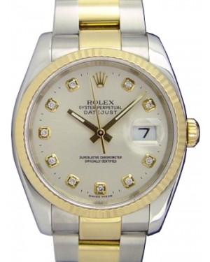 Rolex Datejust 36 116233-SLVDO Silver Diamond Fluted Yellow Gold Stainless Steel Oyster