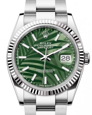Rolex Datejust 36 Stainless Steel Olive Green Palm Motif Dial Fluted Bezel Oyster Bracelet 126234 - BRAND NEW
