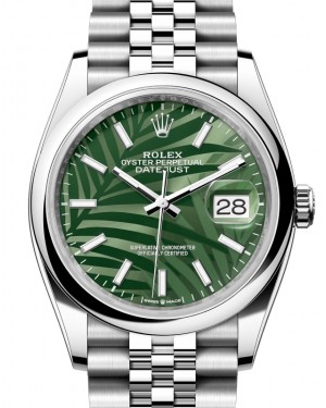 Rolex Datejust 36 Stainless Steel Olive Green Palm Motif Index Dial Domed Bezel Jubilee Bracelet 126200 - BRAND NEW