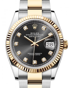 Rolex Datejust 36 Yellow Gold/Steel Bright Black Diamond Dial & Fluted Bezel Oyster Bracelet 126233 - BRAND NEW