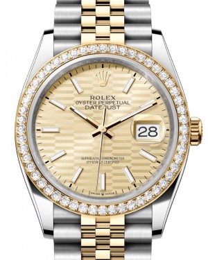 Rolex Datejust 36 Yellow Gold/Steel Golden Fluted Motif Index Dial Diamond Bezel Jubilee Bracelet 126283RBR - BRAND NEW