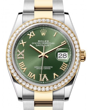 Rolex Datejust 36 Yellow Gold/Steel Olive Green Roman Diamond VIIX Dial & Diamond Bezel Oyster Bracelet 126283RBR - BRAND NEW