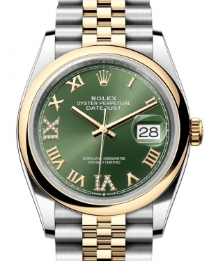 Rolex Datejust 36 Yellow Gold/Steel Olive Green Roman Diamond VIIX Dial & Smooth Domed Bezel Jubilee Bracelet 126203 - BRAND NEW