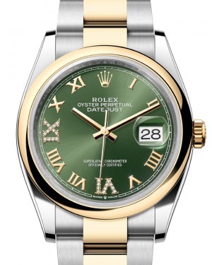 Rolex Datejust 36 Yellow Gold/Steel Olive Green Roman Diamond VIIX Dial & Smooth Domed Bezel Oyster Bracelet 126203 - BRAND NEW