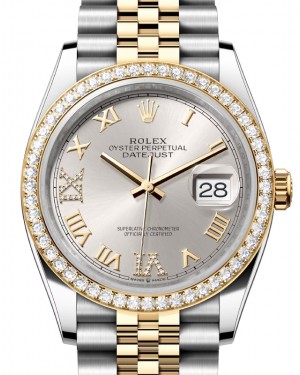 Rolex Datejust 36 Yellow Gold/Steel Silver Roman Diamond VIIX Dial & Diamond Bezel Jubilee Bracelet 126283RBR - BRAND NEW