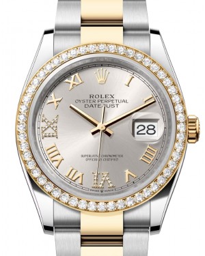 Rolex Datejust 36 Yellow Gold/Steel Silver Roman Diamond VIIX Dial & Diamond Bezel Oyster Bracelet 126283RBR - BRAND NEW