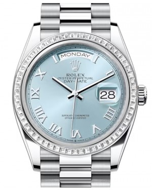 Rolex Day-Date 36 President Platinum Ice Blue Roman Dial & Diamond Bezel 128396TBR