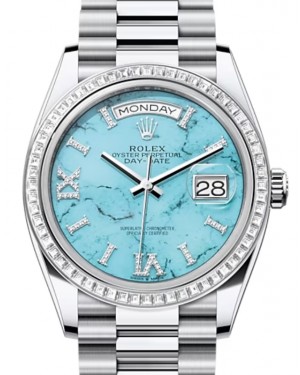 Rolex Day-Date 36 President Platinum Turquoise "Tiffany" Dial Baguette Diamond Bezel 128396TBR
