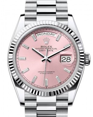 Rolex Day-Date 36 President Platinum Pink Baguette Diamond Dial Fluted Bezel 128236