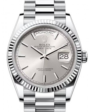 Rolex Day-Date 36 President Platinum Silver Index Dial & Fluted Bezel 128236 - BRAND NEW