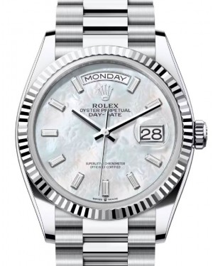 Rolex Day-Date 36 President Platinum White Mother of Pearl Baguette Diamond Dial Fluted Bezel 128236