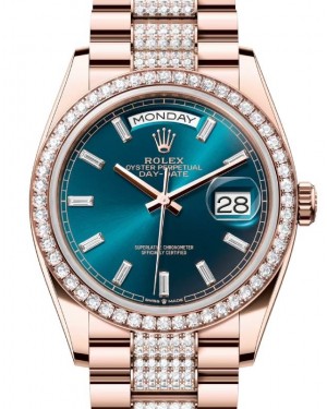Rolex Day-Date 36 President Rose Gold Blue-Green Dial Diamond Bezel & Bracelet 128345RBR