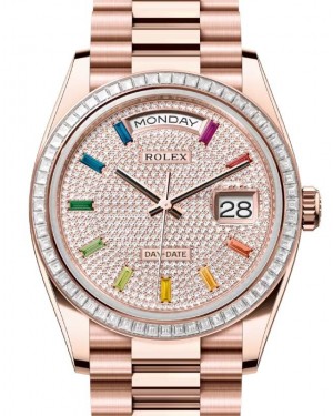 Rolex Day-Date 36 President Rose Gold Diamond Paved Rainbow Sapphires Dial 128395TBR