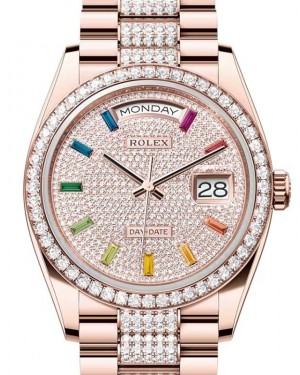 Rolex Day-Date 36 President Rose Gold Rainbow Colored Sapphires Dial Diamond Bezel & Bracelet 128345RBR