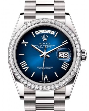 Rolex Day-Date 36 President White Gold Blue Ombre Index/Roman Dial Diamond Bezel 128349RBR