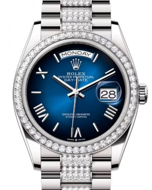 Rolex Day-Date 36 President White Gold Blue Ombre Index/Roman Dial Diamond Bezel & Bracelet 128349RBR