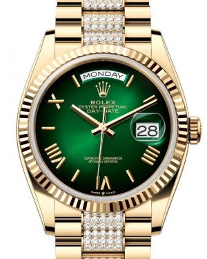 Rolex Day-Date 36 President Yellow Gold Green Ombre Roman Dial Diamond Set Bracelet 128238