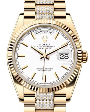 Rolex Day-Date 36 President Yellow Gold White Index Dial Diamond Bracelet 128238