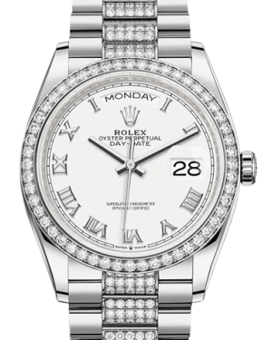 Rolex Day-Date 36 Silver Dial Diamond Bezel White Gold Diamond Set President Bracelet 128349RBR - BRAND NEW