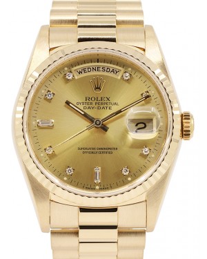Rolex Day-Date 36 Yellow Gold Champagne Diamond Dial & Fluted Bezel President Bracelet 18238 - PRE-OWNED