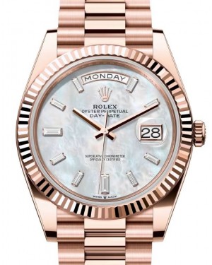 Rolex Day-Date 40 President Rose Gold White Mother of Pearl Baguette Diamond Dial 228235