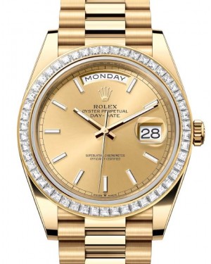 Rolex Day-Date 40 President Yellow Gold Champagne Index Dial Diamond Bezel 228398TBR