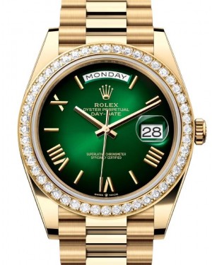 Rolex Day-Date 40 President Yellow Gold Green Ombre Index/Roman Dial Diamond Bezel 228348RBR