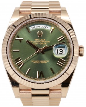 Rolex Day-Date 40 President Rose Gold Olive Green Roman Dial 228235 - PRE-OWNED