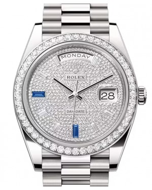 Rolex Day-Date 40 President White Gold Diamond Paved Dial with Sapphires 228349RBR