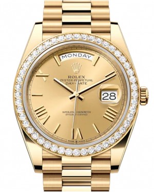 Rolex Day-Date 40 President Yellow Gold Champagne Index/Roman Dial Diamond Bezel 228348RBR