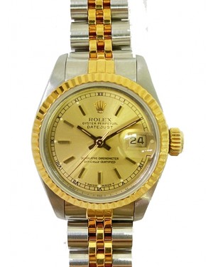 Rolex Lady-Datejust Steel Yellow Gold Champagne Index Dial Gold Fluted Bezel Jubilee Bracelet 69173 - PRE-OWNED