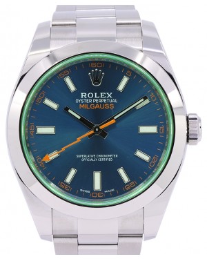 Rolex Milgauss Stainless Steel Blue Index Dial & Smooth Domed Bezel Green Crystal Oyster Bracelet 116400GV 116400V - PRE-OWNED