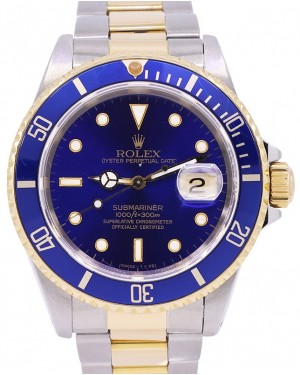 Rolex Submariner 16613 Blue 18k Yellow Gold Stainless Steel No Holes