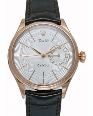 Rolex Cellini Date 50515-SLV Silver Guilloche Index Rose Gold Brown Leather BRAND NEW