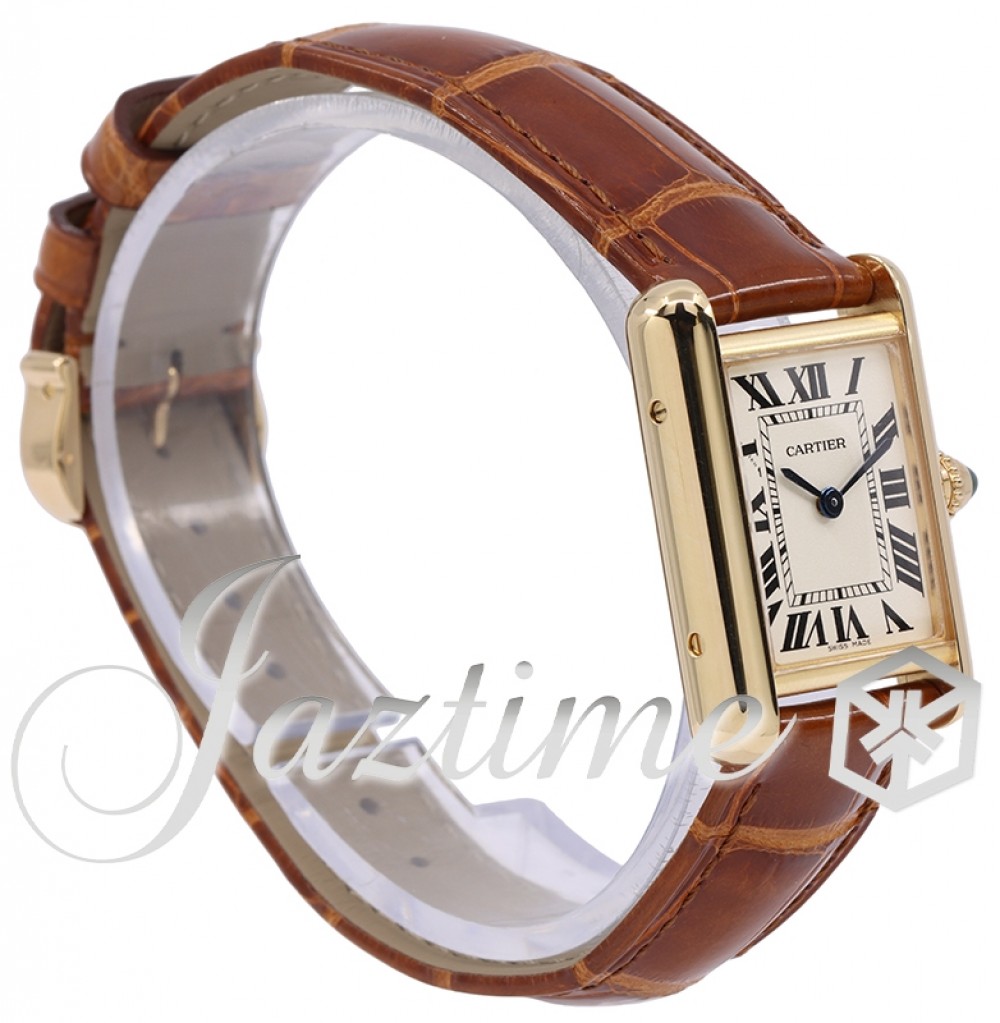 Cartier Tank Louis Cartier Ladies Watch Small Quartz Yellow Gold Silver  Dial Alligator Leather Strap W1529856 - BRAND NEW