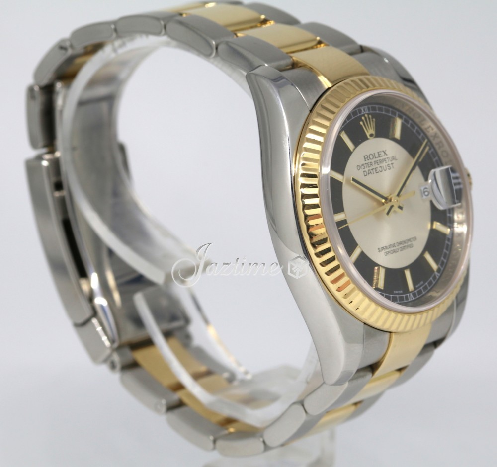 Rolex Men's Datejust Watch - 116233-BLKSFJ - 36mm - Black Stick Dial - Yellow Rolesor Case - Fluted Bezel - Yellow Rolesor Jubilee Bracelet