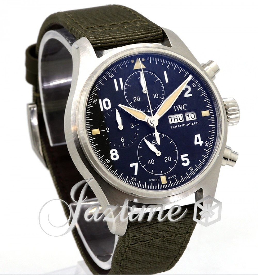 IWC Pilot's Watch Chronograph Spitfire Black Dial Stainless Steel Bezel  Leather Strap IW387901 PRE-OWNED