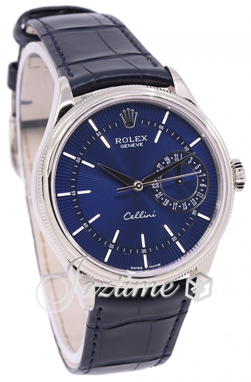Rolex Cellini Date White Gold Blue Guilloche Index Dial Domed & Fluted  Double Bezel Blue Leather Bracelet 50519 - BRAND NEW