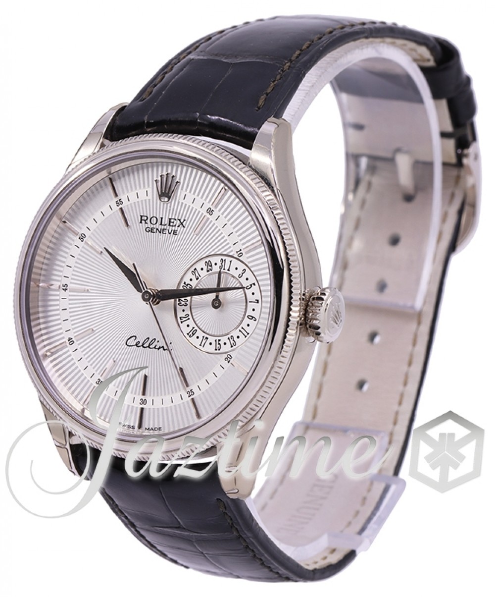 Rolex Cellini Date White Gold Silver Guilloche Index Dial Domed & Fluted  Double Bezel Black Leather Bracelet 50519 - BRAND NEW