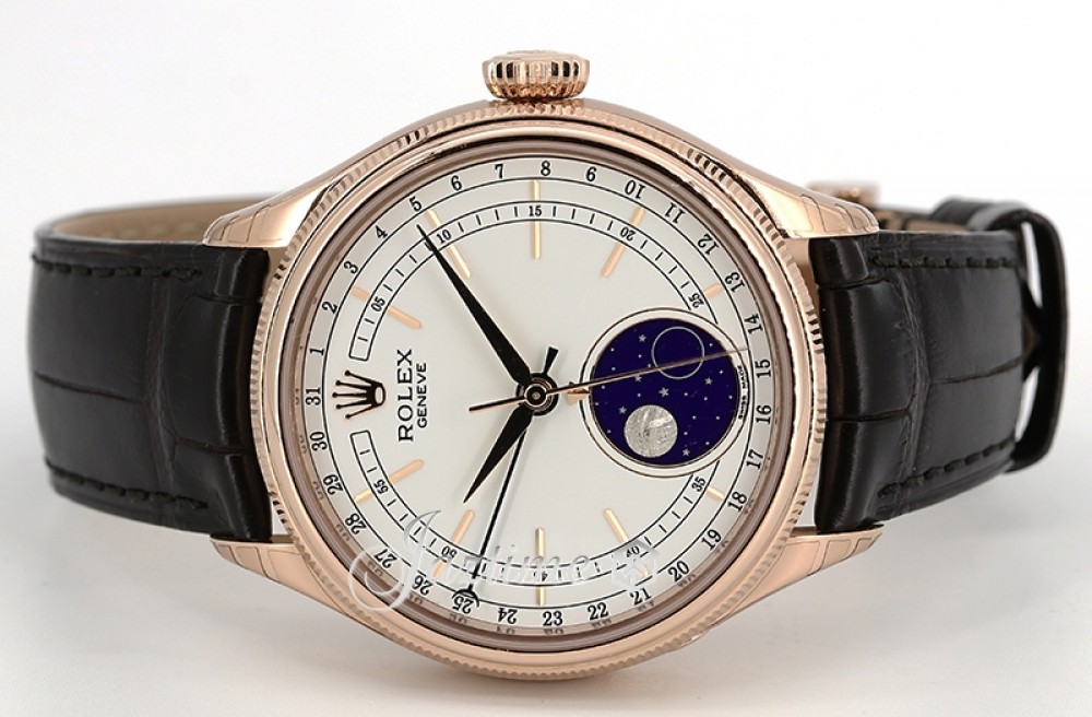 Rolex Cellini Moonphase Rose Gold White Index Dial Domed & Fluted Double  Bezel Tobacco Leather Bracelet 50535 - BRAND NEW