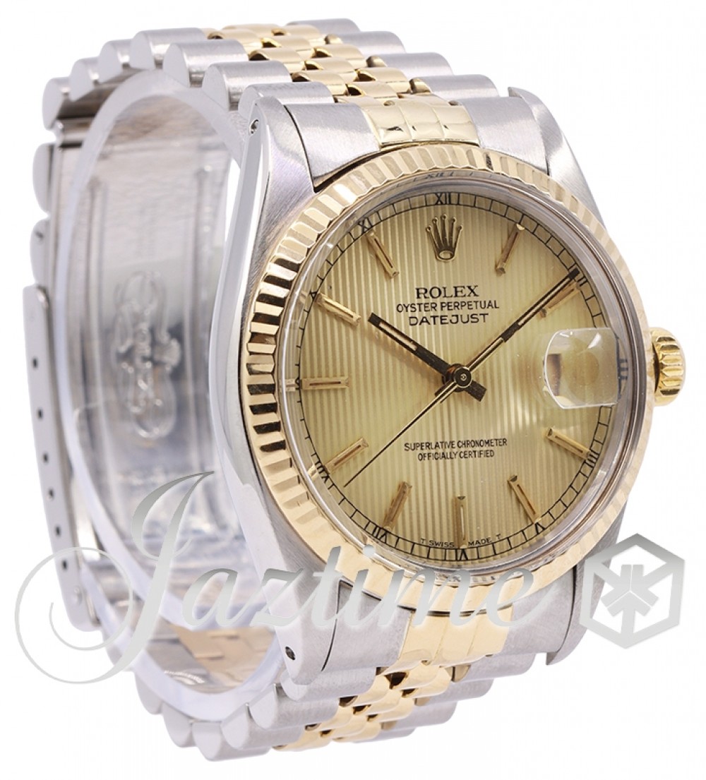 Rolex Datejust 36mm Stainless Steel Champagne Tapestry Dial Yellow Gold  Bezel Jubilee Bracelet 16013 - PRE-OWNED