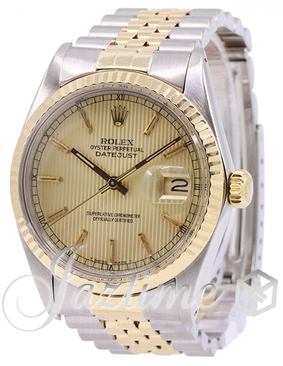 Rolex Datejust 36mm Stainless Steel Champagne Tapestry Dial Yellow Gold  Bezel Jubilee Bracelet 16013 - PRE-OWNED