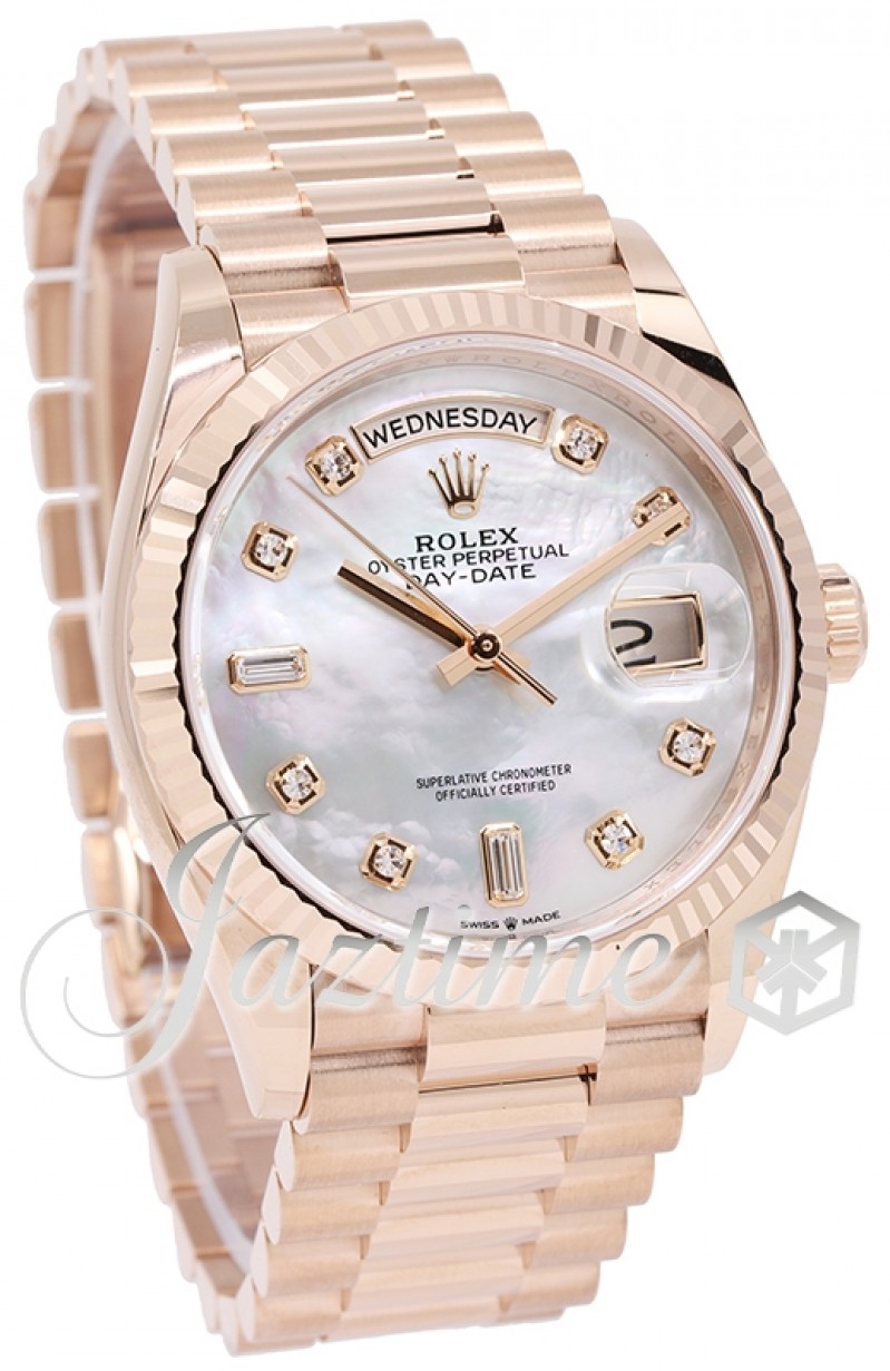 Rolex Day-Date 36 Rose Gold White Mother of Pearl Diamond Dial & Fluted  Bezel President Bracelet 128235 - BRAND NEW